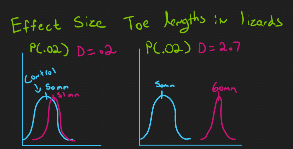 image depict 2 graphs. Top text reads Effect Size Toe Lengths in lizards. Left figure has a p-value of .02 and Cohens D of .2. The blue, leftmost distribution of both plots is labeled control with a mean of 50mm. The red, rightmost distribution is labeled 51mm on the left and 60mm on the right.
