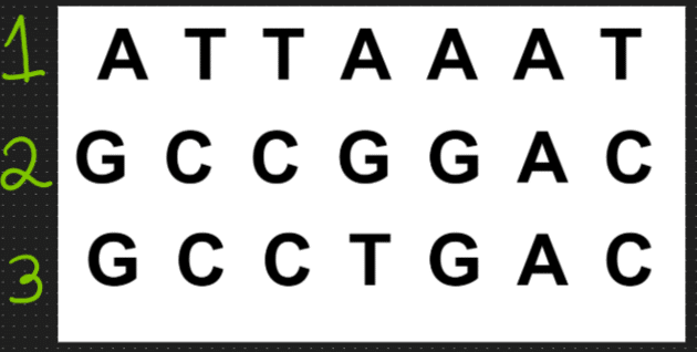 image shows 3 example DNA sequences. 1 reads ATTAAAT. 2 reads GCCGGAC. 3 reads GCCTGAC